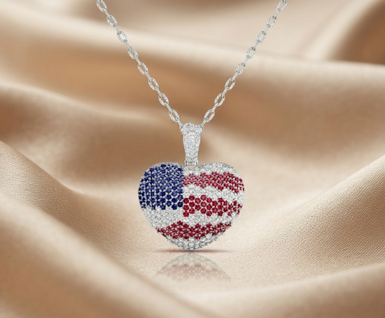 40mm USA Flag Heart Pendant Necklace, American Pride Red White Blue Jewelry, 925 Silver Patriotic Gift for Her, 4th of July, Mother’s Day,