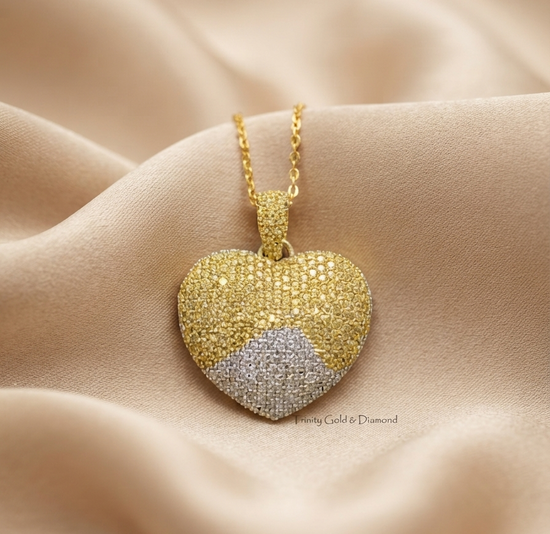 38mm Big Heart Pendant Necklace • White Moissanite & Created Yellow Diamonds Heart Pendant • Pave Heart Necklace • Silver Heart Pendant