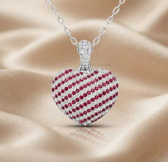 29mm Striped Heart Pendant Necklace, Red White Pave CZ Love Necklace, Jewelry Gift for Her, Candy Cane Heart Necklace,