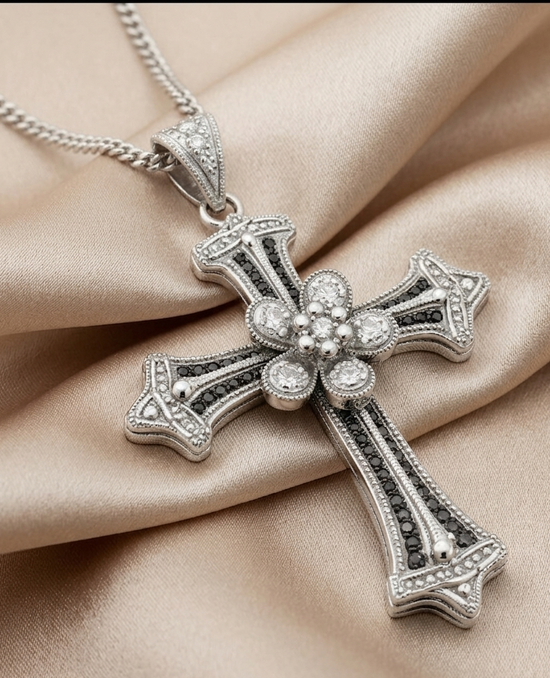 Gothic Cross Pendant Necklace in Sterling Silver, Black  White CZ Vintage Flower Cross Charm, Handmade Religious Jewelry Gift for Him or Her