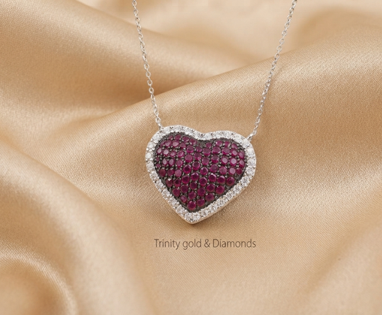 1.0CT Ruby Heart Pendant Necklace For Women • White Moissanite & Created Ruby Gemstone Pave Heart Pendant Perfect Mothers DayGift •