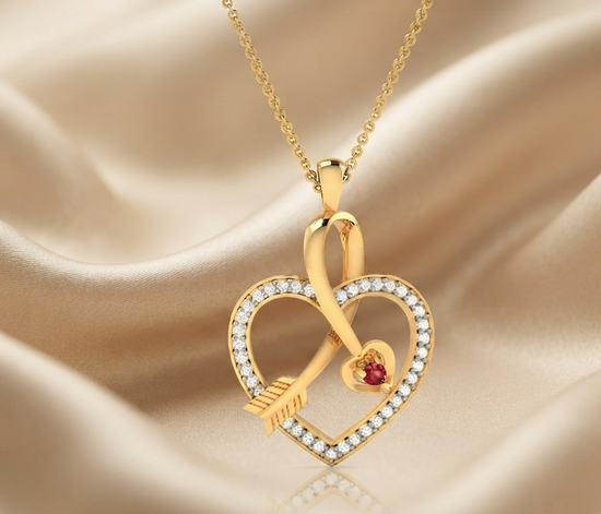 1.0 CT Open Heart Arrow Cross Pendant/Necklace With 14kt Yellow Gold Over Finish, Heart neck lace, Classic Heart Pendant Silver, Valentine