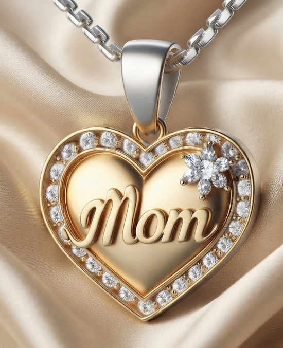 Mom Heart Pendant Necklace with Diamond Accents | Sterling Silver Heart Charm | Mother&