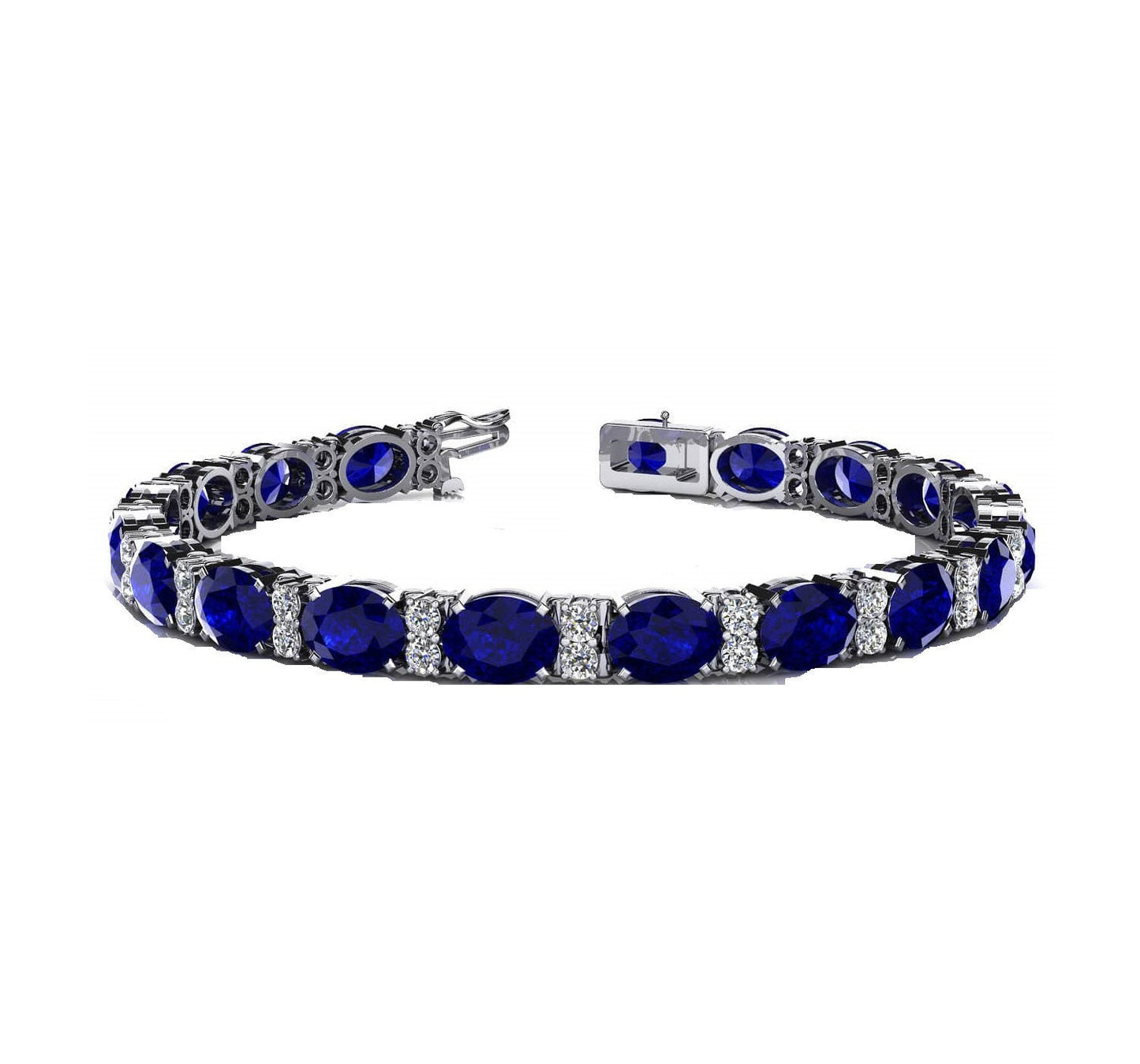 Blue Sapphire Tennis Bracelet, Oval And Round Cut, Moissanite & Sapphire Bracelet, 925 Sterling Silver,14k White Gold Plated, Gifts For Her