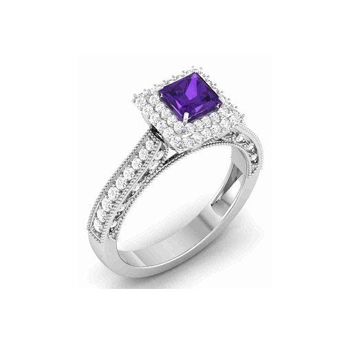 Amethyst Engagement Ring, 1.50 Ct Lab Created Princess Amethyst Halo Diamond, Engagement Ring For Women,Princess Cut Engagement,Gift for Her