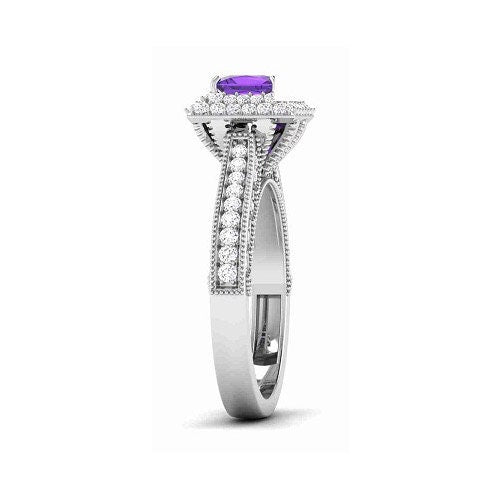 Amethyst Engagement Ring, 1.50 Ct Lab Created Princess Amethyst Halo Diamond, Engagement Ring For Women,Princess Cut Engagement,Gift for Her