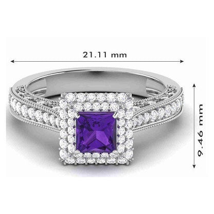 Amethyst Engagement Ring, 1.50 Ct Lab Created Princess Amethyst Halo Diamond, Engagement Ring For Women,Princess Cut Engagement,Gift for Her
