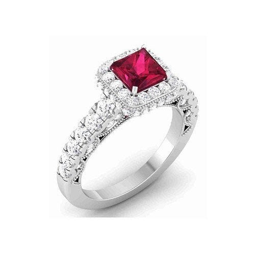 2.00 Ct Moissanite & Red Ruby Engagment Ring, 14k White Gold Plated, Moissanite Ring, Engagement Weddin Ring, Gift For Her