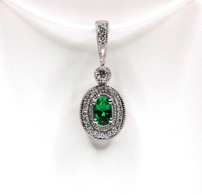 EMERALD PENDANT NECKLACE, Green Emerald and White Round Diamond Pendant Necklace With Miligrain 18"inch in 925 sterling silver for women
