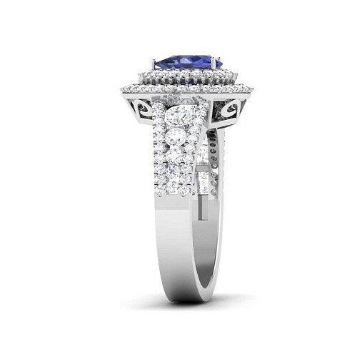 Sapphire Double Halo Ring, Pear Sapphire Moissanite Diamond Halo Engagement Ring, Gemstone Engagement Ring, September Birthstone Engagement