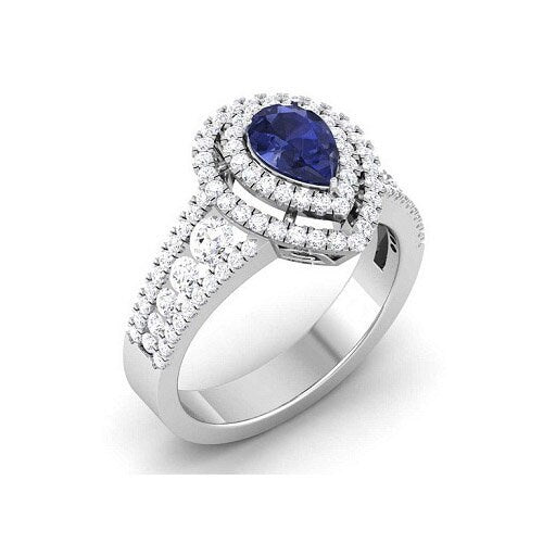 Sapphire Double Halo Ring, Pear Sapphire Moissanite Diamond Halo Engagement Ring, Gemstone Engagement Ring, September Birthstone Engagement