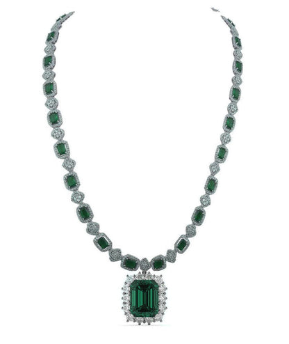 Emerald Wedding Necklace, Green Emerald And Diamond Necklace For Her, Emerald Necklace In 925 Sterling Silver, 14k White Gold Plated