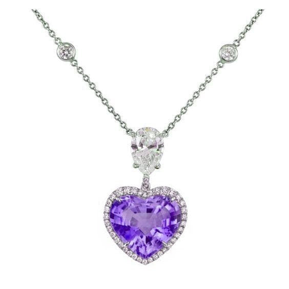 Diamond Purple Amethyst Heart Shape Necklace Pendant, Big Heart Pendant Necklace, Sterling Silver Heart Pendant, Gemstone Pendant Necklace