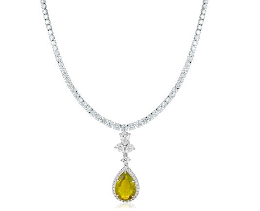 925 Sterling Silver Prong Set Brilliant Pear Cut Green Emerald And Diamond Tennis Handmade Anniversary May Birthday Necklace , Gift For Her