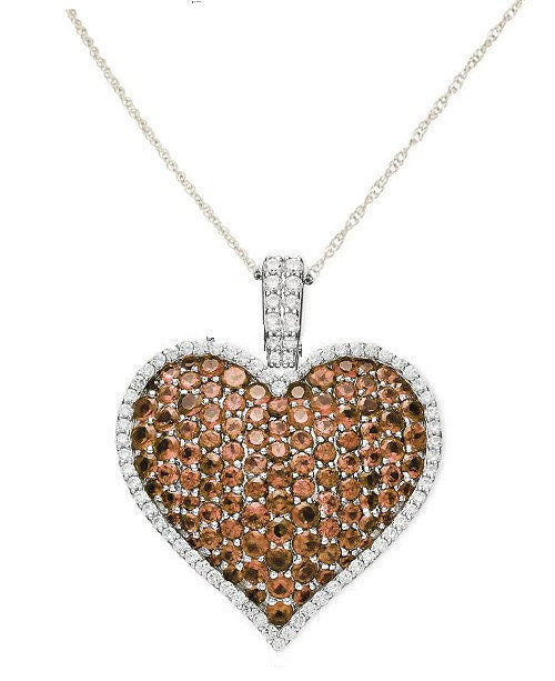 Brown Gemstone, Moissanite Diamond Heart Necklace, 14kt gold Over Silver, Big Heart Pendant, Gemstone Heart Pendant,  Perfect Gift for Women
