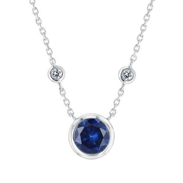 BLUE SAPPHIRE DIAMOND Bezel Set Pendant/Necklace In Sterling Silver 925 14kt White Gold Finish 18 Inch Chain