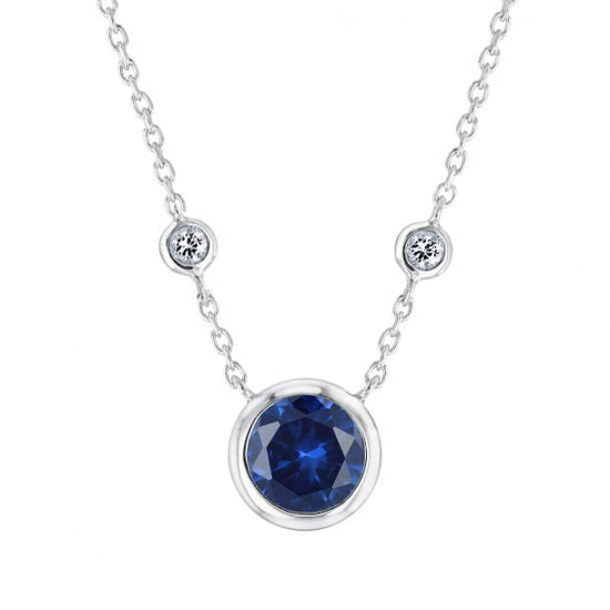 BLUE SAPPHIRE DIAMOND Bezel Set Pendant/Necklace In Sterling Silver 925 14kt White Gold Finish 18 Inch Chain