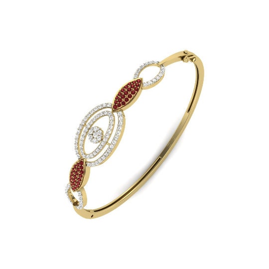 RUBY AND WHITE Diamond  Bangle Bracelet With 10kt Yellow Gold Over Silver, Diamond Bangles, Handmade Ruby Bangles Braccelet, Gift For Her