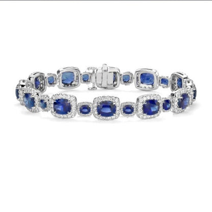 Blue Sapphire Oval Halo Diamond Tennis Bracelet, Moissanite Halo Diamond Tennis Bracelet, Perfect Gift for Women, Classic Tennis Bracelet