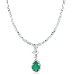 925 Sterling Silver Prong Set Brilliant Pear Cut Green Emerald And Diamond Tennis Handmade Anniversary May Birthday Necklace , Gift For Her