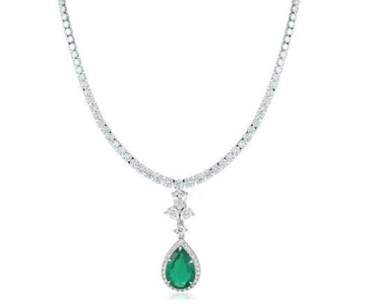925 Sterling Silver Prong Set Brilliant Pear Cut Green Emerald And Diamond Tennis Handmade Anniversary May Birthday Necklace , Gift For Her