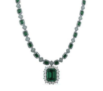 Emerald Wedding Necklace, Green Emerald And Diamond Necklace For Her, Emerald Necklace In 925 Sterling Silver, 14k White Gold Plated