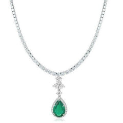 925 Sterling Silver Prong Set Brilliant Pear Cut Green Emerald And Diamond Tennis Handmade Anniversary May Birthday Necklace , Gift For Her