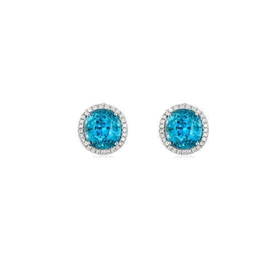 Blue Sapphire Earrings, Tiny Stud Earrings, Trendy Round Sky Blue Stud Earrings, 925 Sterling Silver Anniversary Halo Studs Gift For Women