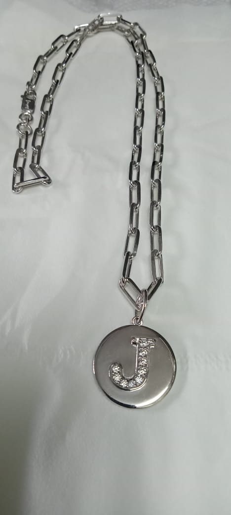 True Elegant ® Paper Clip Link Moissanite Initial Letter Medallion Necklace, Link Chain Necklace/Alphabet Round Medallion Pendant,Gifts