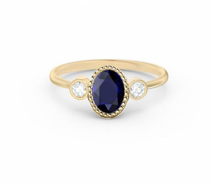 Oval Ring, Sapphire Oval Ring, Gemstone Ring, Three stone Ring, Moissanite Diamond Ring, Perfect Gift For Women, September Birthstone Ring