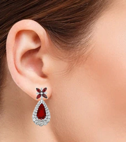 3.50 Carat BIG Pear Red RUBY And Diamond Dangle Earrings,925 Sterling Silver Earrings,RUBY Dangle Earrings, Gemstones Earrings,Gift For Her