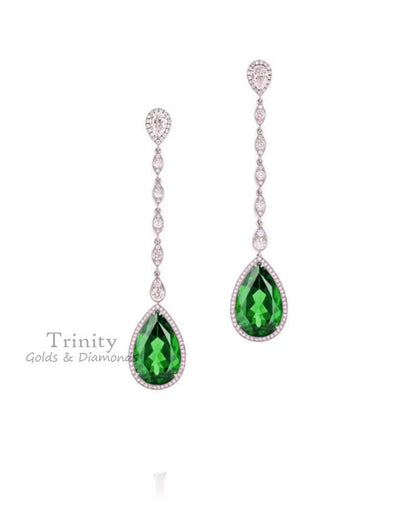 Pear & Round Cut Earrings, Emerald And Diamond Earrings, 925 Sterling silver, Handmade Women's Earrings, 14k White Gold Plated, Gift For Her