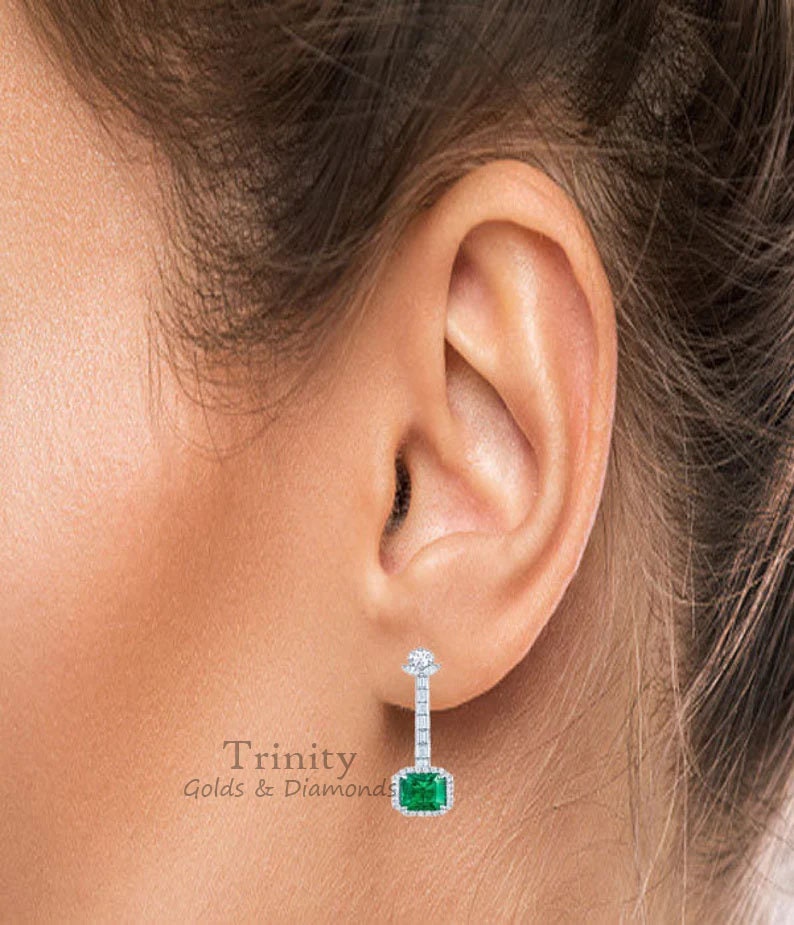 EMERALD CUT DROP Earrings, Luxury Earrings, Green Emerald And Diamond Dangle Drop Earrings,  925 Sterling Silver Earrings, Mothers day gift