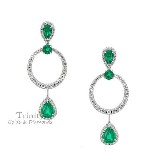 2.30 Ct Pear & Round Cut Earrings, Green Emerald And Diamond Earring, Valentine Day Earrings, 925 Sterling Silver, 14k White Gold Plated