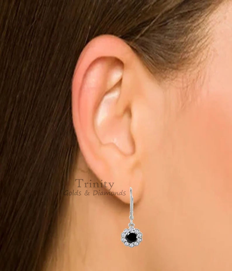 SILVER DROP EARRINGS, Solid silver Black diamond Dangle And Drop earrings, Diamond Earrings, Cluster Drop earrings, Florel Dangle Earrings