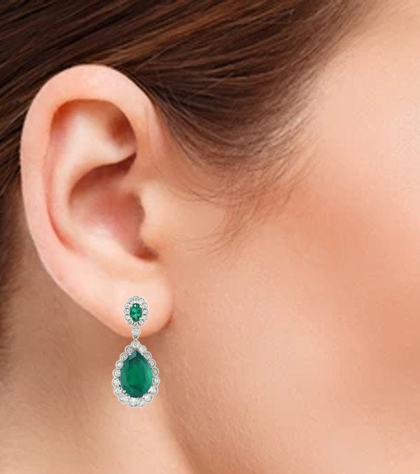 Drop Shape Earring, Birth Stone Earring, Drop And Dangle Earrings, Wedding Green Emerald Earring Gift For Wife, 14k White Gold Plated
