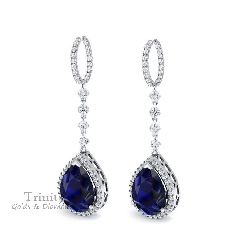 SAPPHIRE DANGLE EARRINGS, 2.0 Carat Pear shape Blue Sapphire Diamond Dangle Drop Earrings, sterling silver clip on earrings,Gift For Her