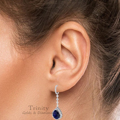 SAPPHIRE DANGLE EARRINGS, 2.0 Carat Pear shape Blue Sapphire Diamond Dangle Drop Earrings, sterling silver clip on earrings,Gift For Her