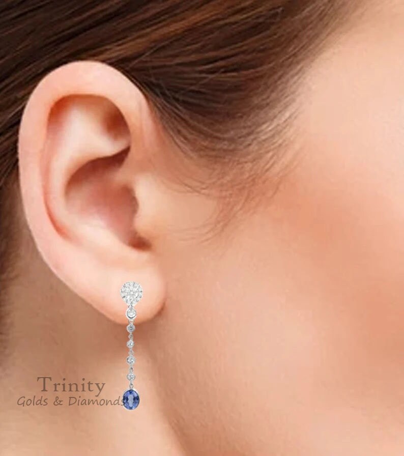 2.0 Carat Oval sapphire Dangle Earrings, Bezel Sapphire Earrings, Drop Dangle Earrings,  Cluster Dangle Drop Earrings, Perfect Gift for Her