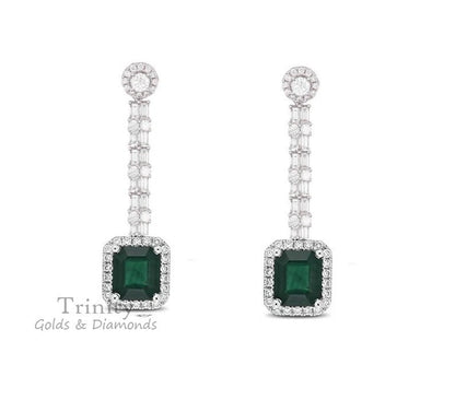 Emerald And Diamond Dangle And Drop Earrings, Solid silver Emerald Earrings, Gemstone Drop Earrings, Wedding Dangle Earrings, Gift For Her