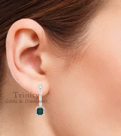 Emerald And Diamond Dangle And Drop Earrings, Solid silver Emerald Earrings, Gemstone Drop Earrings, Wedding Dangle Earrings, Gift For Her