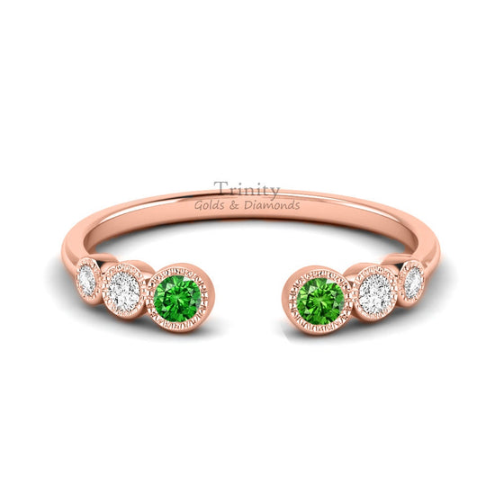 Sterling Silver Emerald Ring/Open Ring For Women, Bezel Set Emerald Diamond Open Ring, Open Cuff Emerald Band, Stackable Ring Mother&