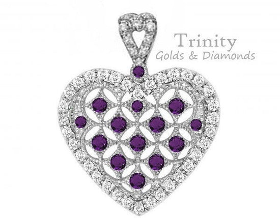 AMETHYST HEART PENDANT, Amethyst and Moissanite Heart Pendant Necklace, Amethyst Heart Necklace In sterling Silver With 14kt White Gold fN