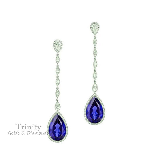 Pear Shape Blue Sapphire Earrings, Drop Dangle Earring, Gemstone Dangle Earrings, Moissanite Diamond Halo Dangle Earring, Perfect Gift