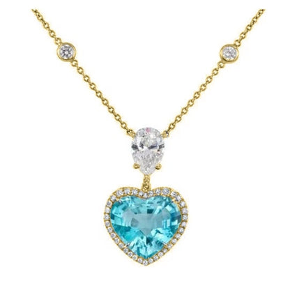 Topaz Heart Shape, Blue Topaz and Halo Diamond Heart Shape Pendant Necklace, Gemstone Heart Pendant,Birthstone Heart Pendant,Heart Pendant