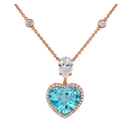 Topaz Heart Shape, Blue Topaz and Halo Diamond Heart Shape Pendant Necklace, Gemstone Heart Pendant,Birthstone Heart Pendant,Heart Pendant