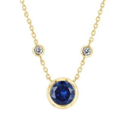 BLUE SAPPHIRE DIAMOND Bezel Set Pendant/Necklace In Sterling Silver 925 14kt White Gold Finish 18 Inch Chain