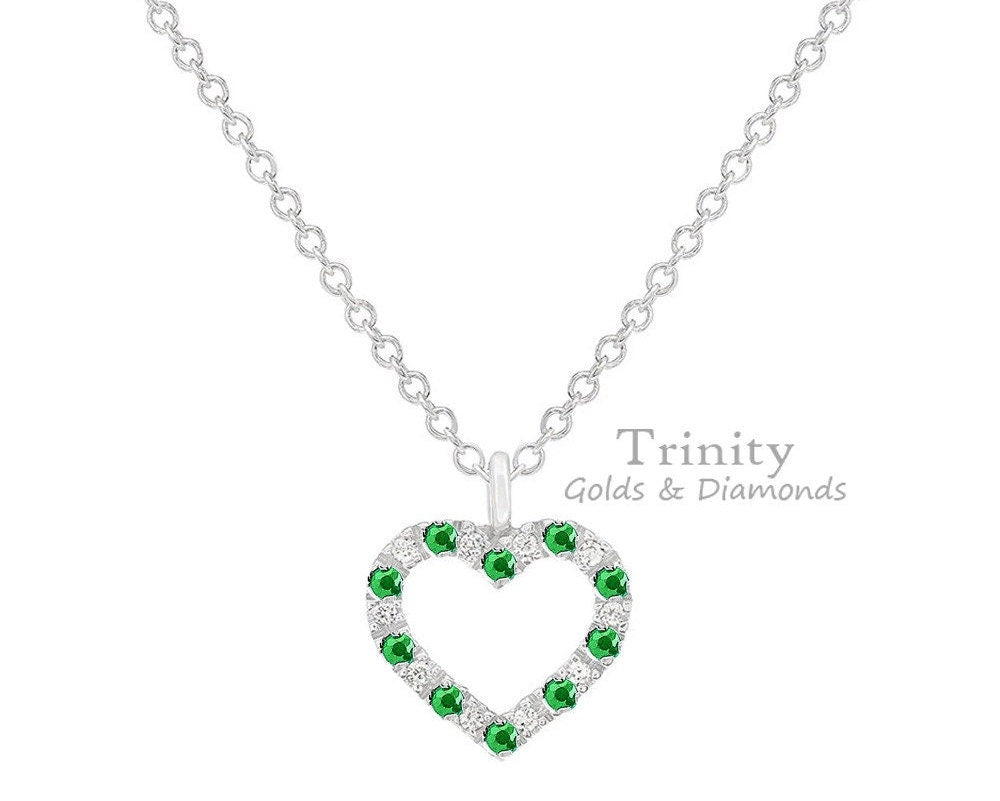 Emerald And Moissanite Small Heart Necklace With 18 Inch Cable chain , Emerald Heart Necklace, Moissanite Heart necklace, silver  Necklace