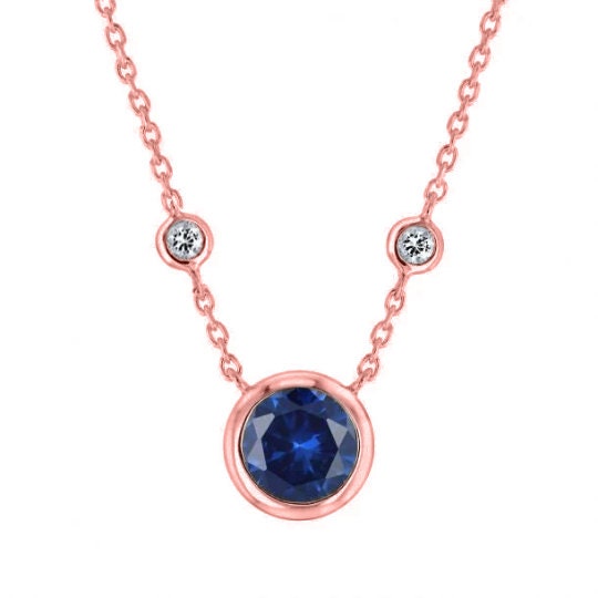 BLUE SAPPHIRE DIAMOND Bezel Set Pendant/Necklace In Sterling Silver 925 14kt White Gold Finish 18 Inch Chain