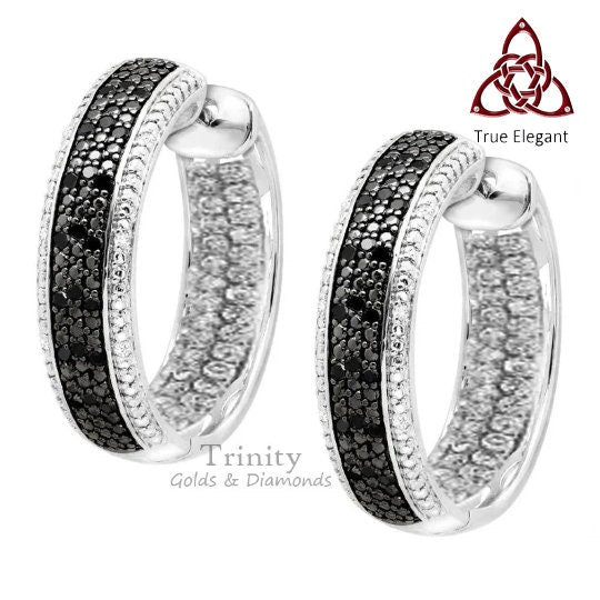True Elegant ® BLACK Diamond In & Out HOOP EARRINGS For Women, Pave Moissanite White Diamond and Black Hoop Earring, Trendy Art Deco Earring